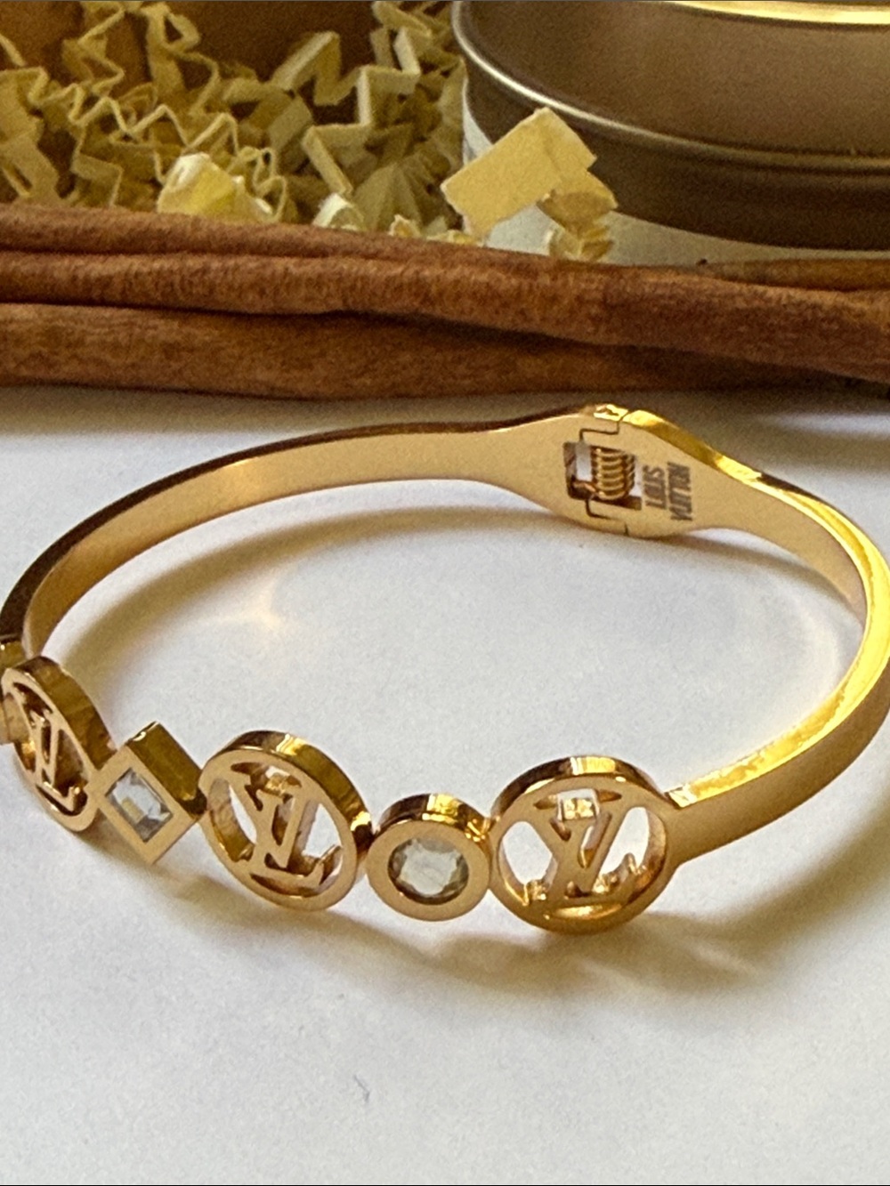 Fashion designer Gold-Tone Logo Crystal Bangle Bracelet - Picture 8 of 10